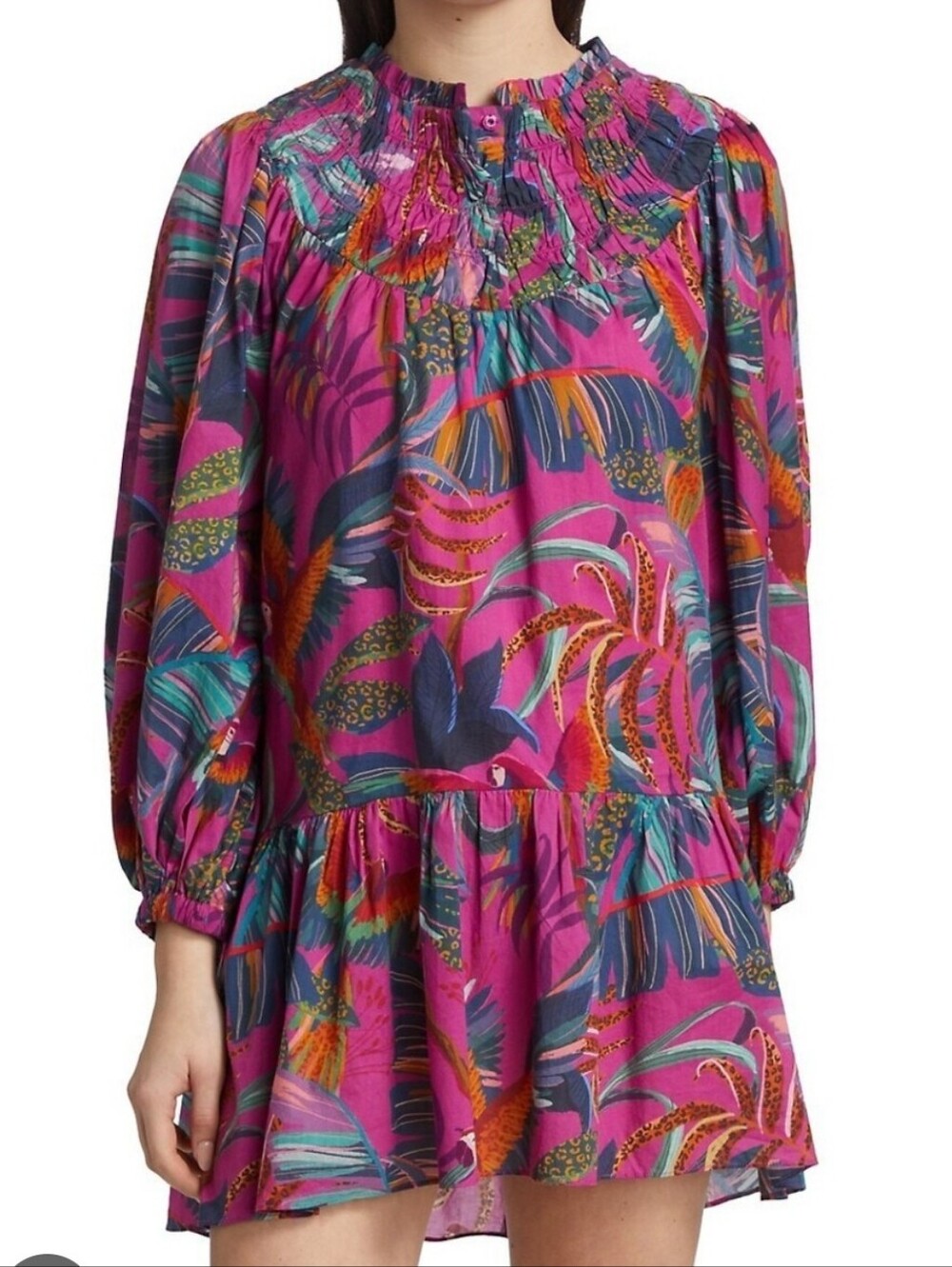 FARM Rio Rainbow Macaws Mini Dress With Leaves And Long-Sleeves
